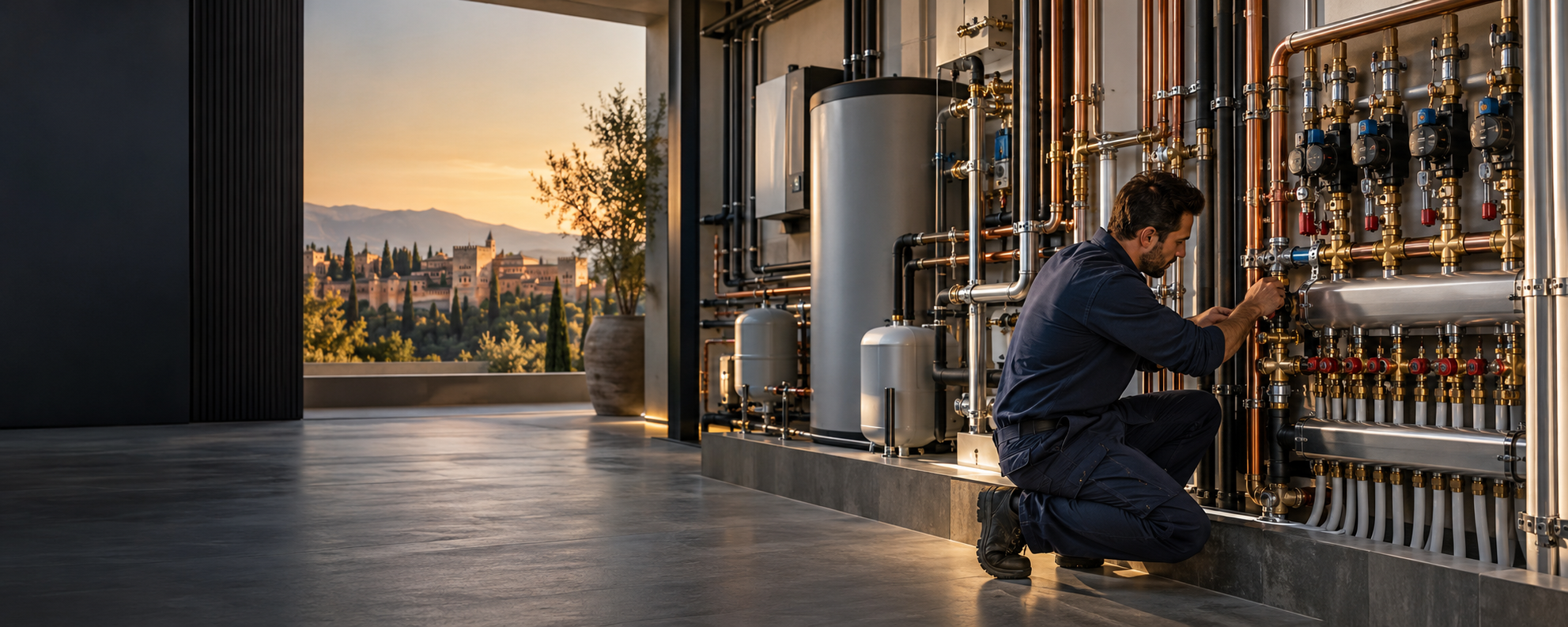 Técnico trabajando en una instalación hidráulica profesional en Granada